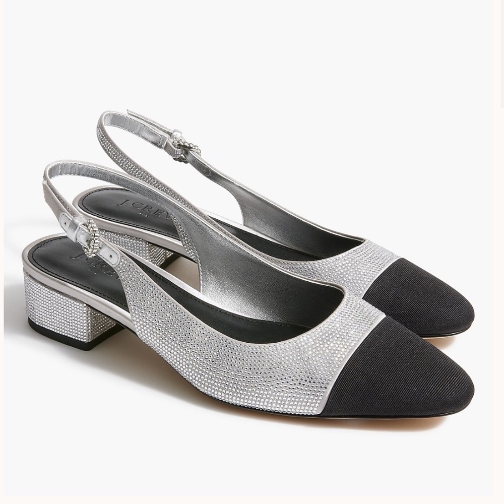 NEW with boxJ.Crew Rhinestone Low-Heel Slingbacks Silver Black Cap Toe size 7.5